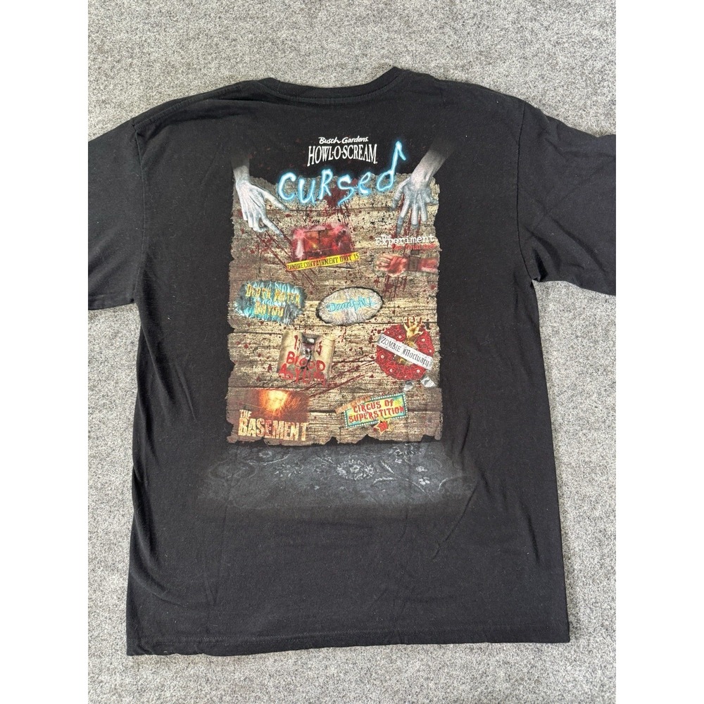 Busch Gardens Howl-O-Scream Cursed Black Graphic T-Shirt Size L Horror Halloween